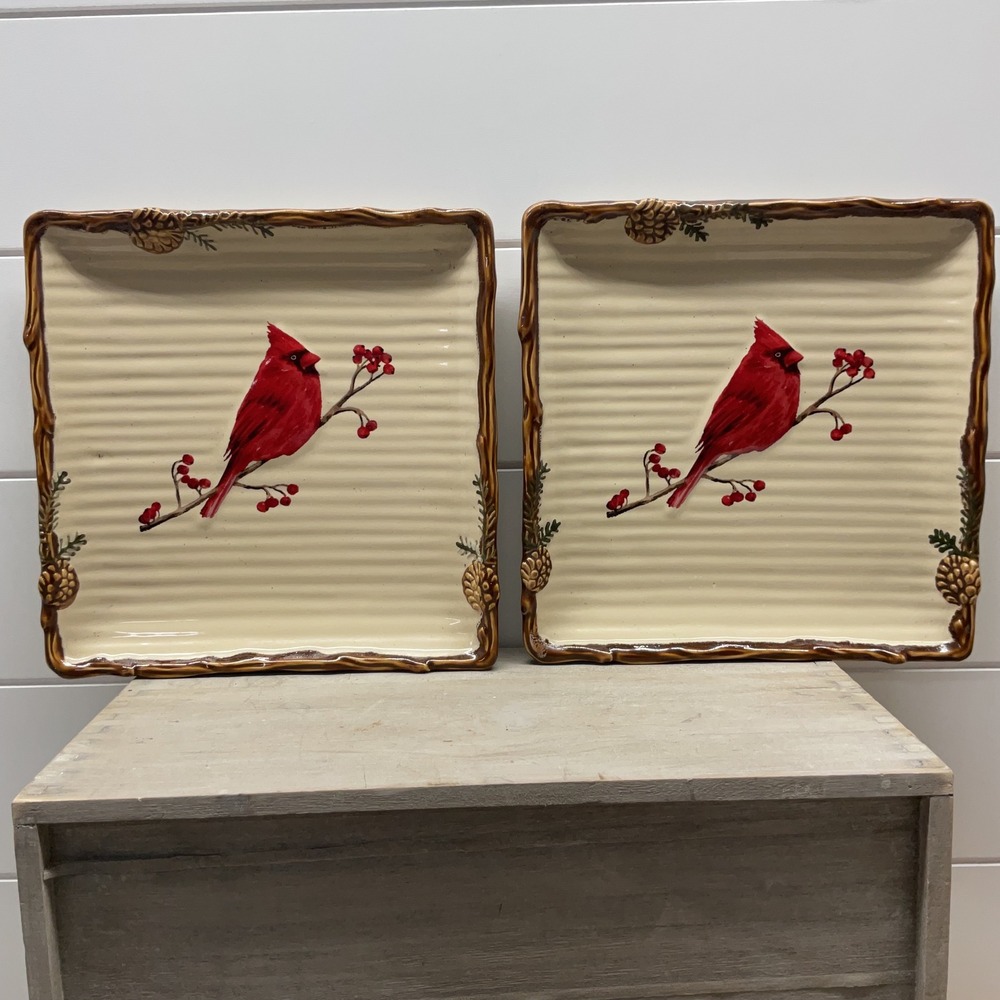 St Nicholas Square Snow Valley Cardinal Square Dinner Plates Set of 2 Red Bird